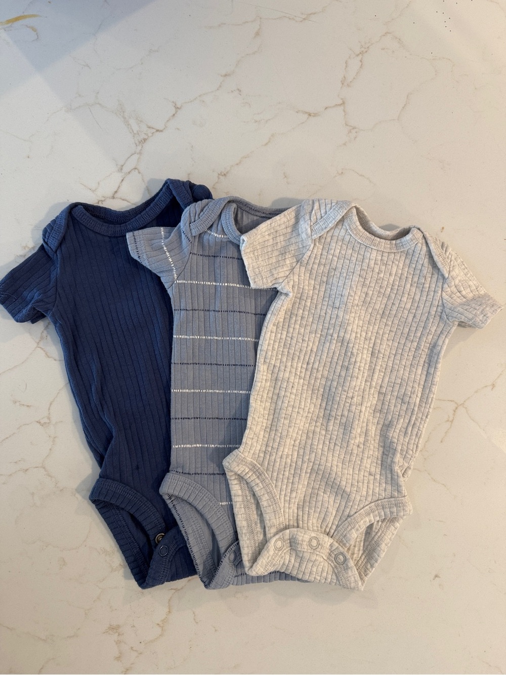 Baby Ribbed Short-Sleeve Onesie Set of 3 in Navy, Stripe Pattern, and Light Gray